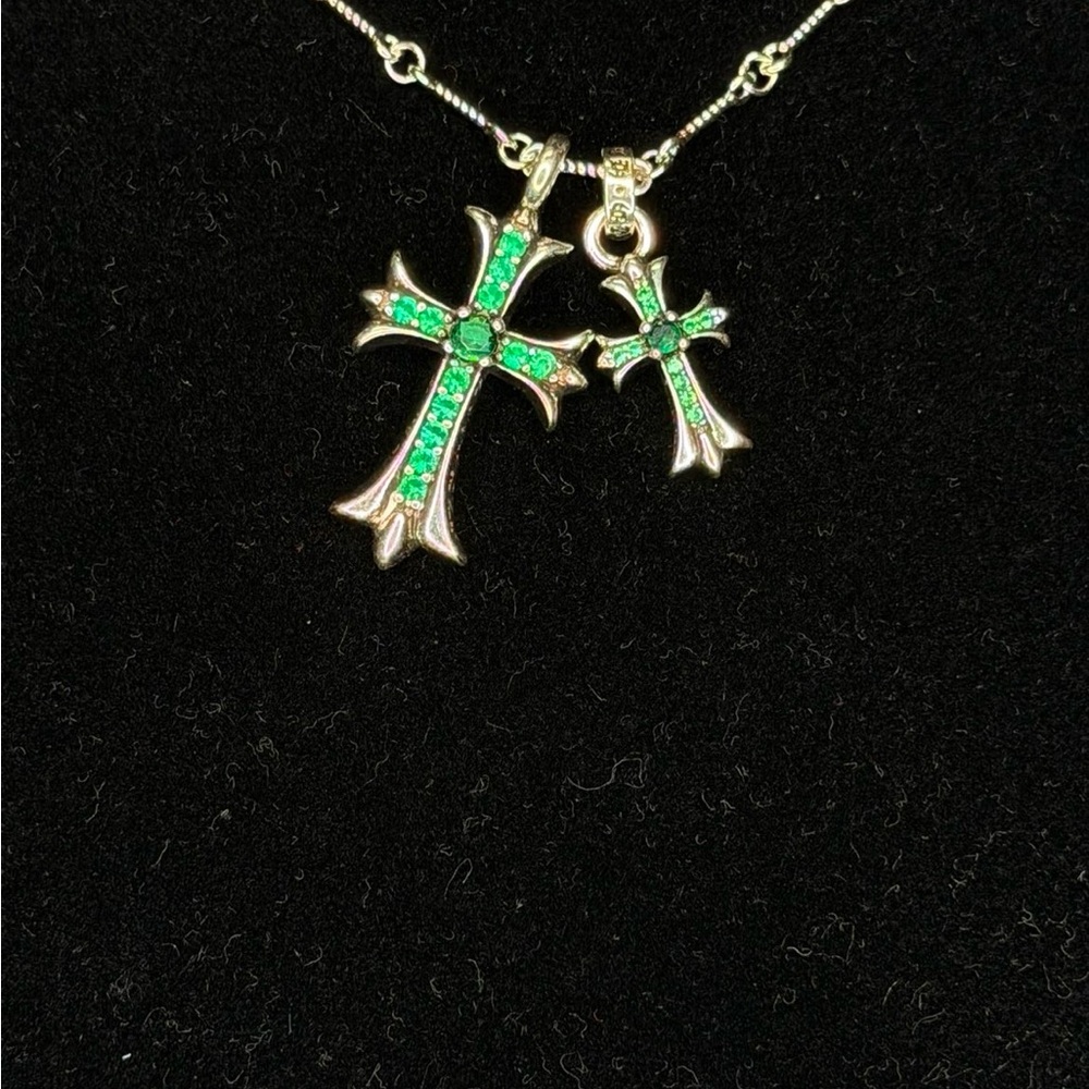 Chrome Hearts Floral cross emerald green studded double stack cross necklace - Picture 2 of 6